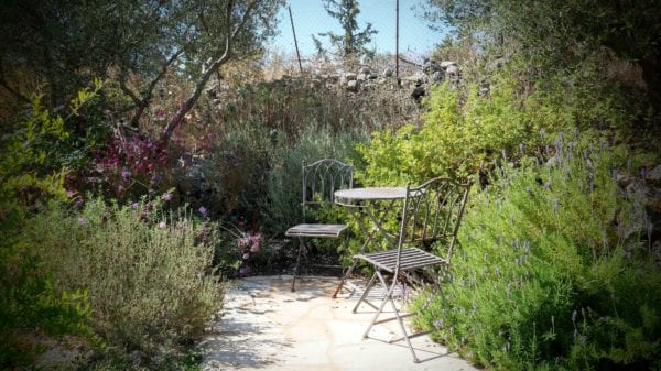 table and chairs surrounded by fragrant herbs and flowers